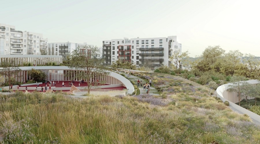 Groupe scolaire des Epinettes et centre socio-culturel à Issy-les-Moulineaux - vue de la toiture végétalisée